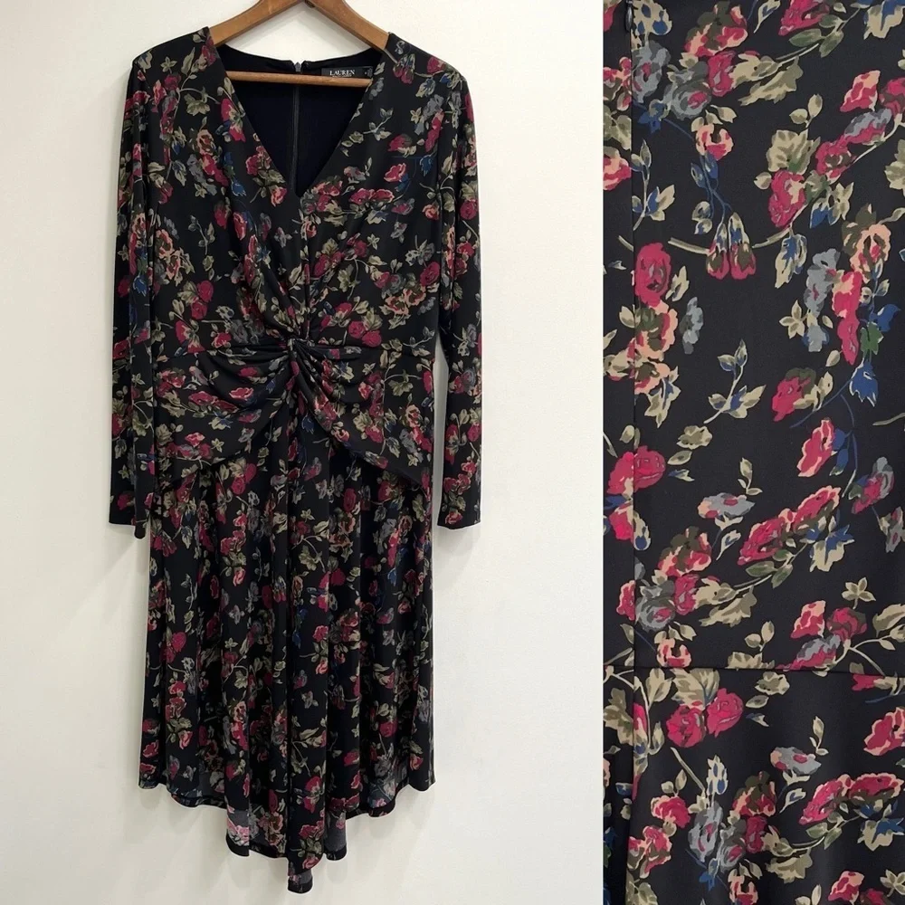 Lauren Ralph Lauren Black Moody Floral Surplice Stretch Jersey Midi Dress 16 - Picture 1 of 15
